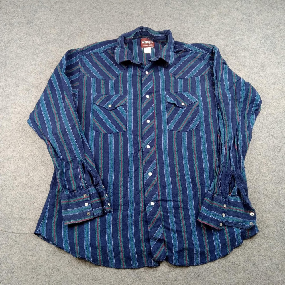 Wrangler Shirt Mens XL Blue Stripe Flannel Snap Front Long Sleeve Western Casual